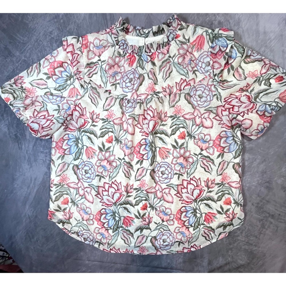 Ann Taylor Loft Blouse Womens Large Multicolor Floral Ruffle Neck Balloon Sleeve